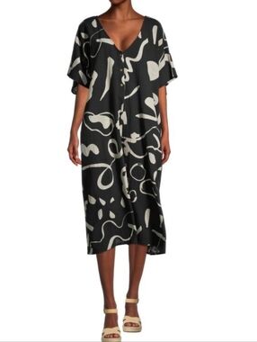 World Market Black & Ivory Abstract Kaftan Jumpsuit with Pockets One Size